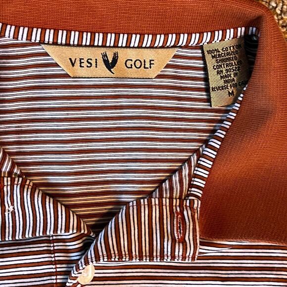 Vesi Golf Men's Short Sleeve Polo.  Orange/White Striped.  Size Medium - Picture 3 of 6